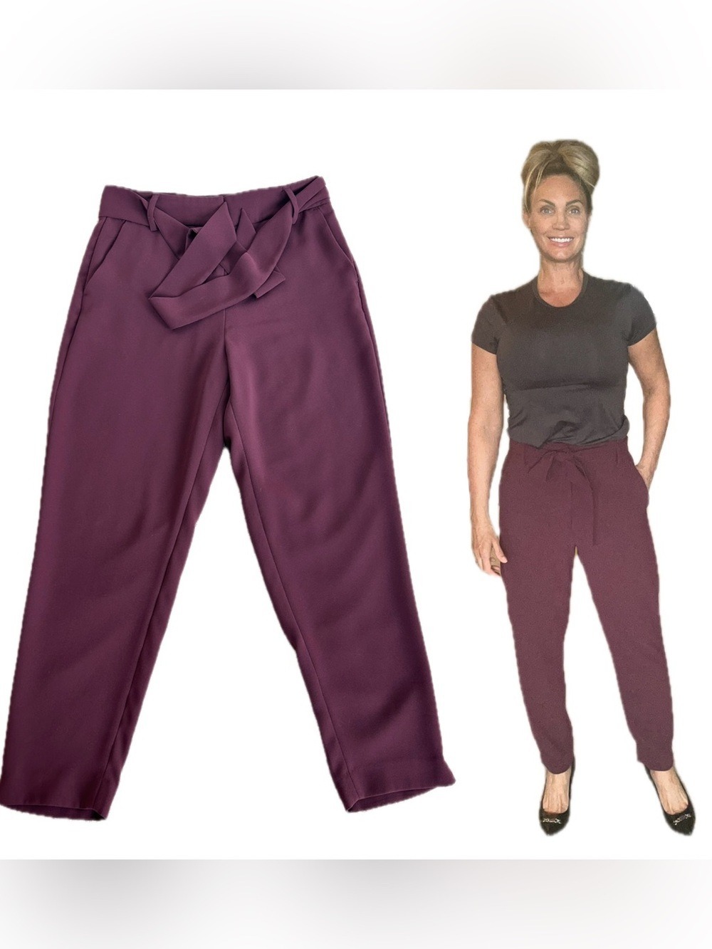 RW&CO Women’s maroon burgundy High-Waist Tie Front ankle Pants Sz 8-Plum
